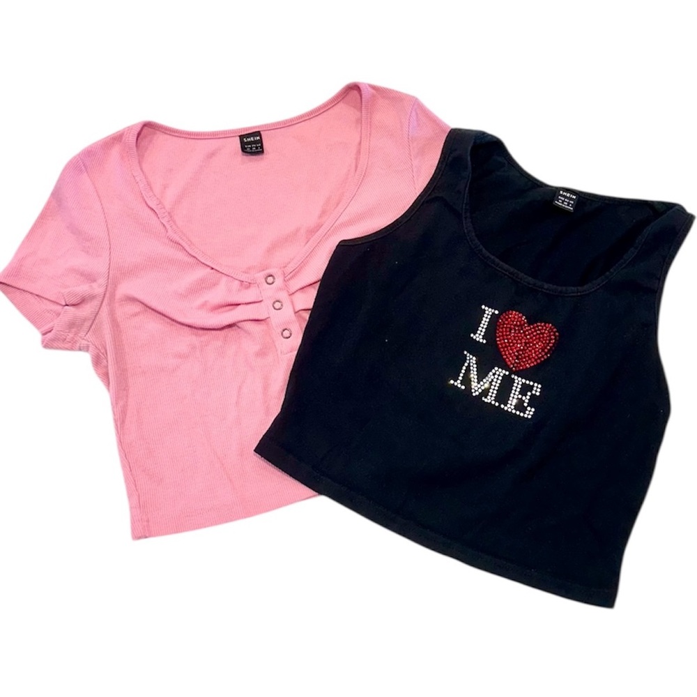 SHEIN Pink and Black Women’s Baby Tee Cropped Shirt Set - Size: Medium